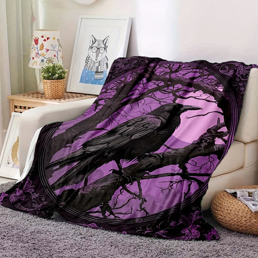 A Gothic-Style Crow Print Flannel Blanket - Soft And Warm for All Seasons