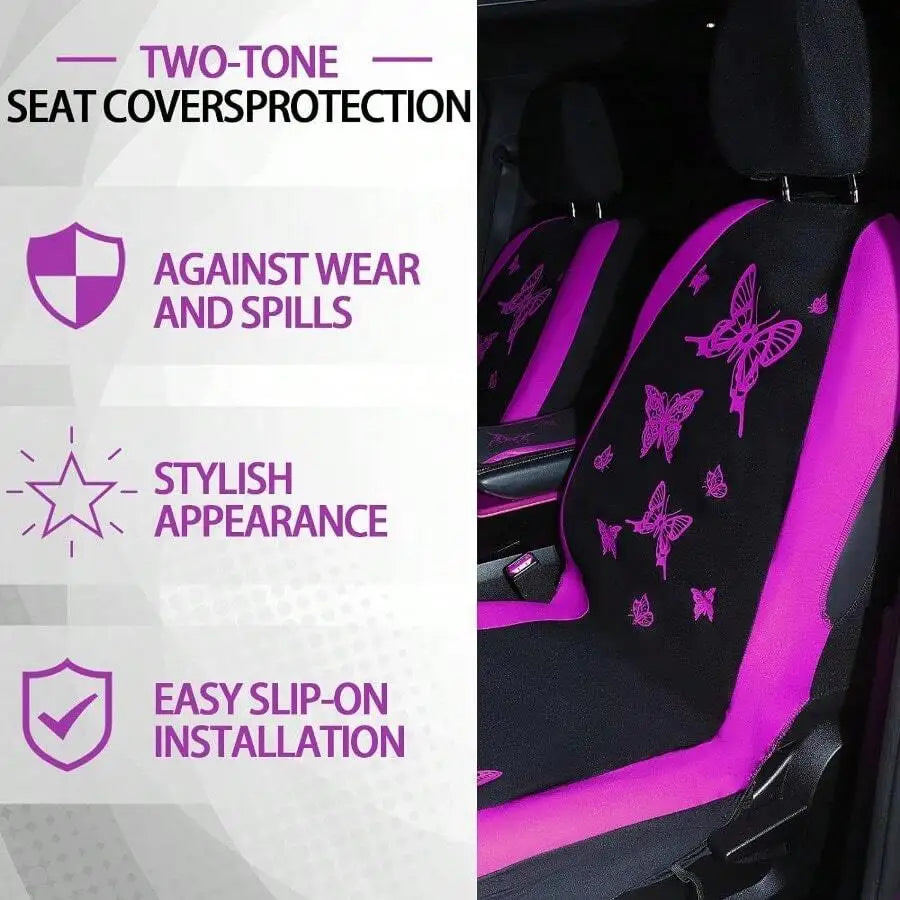 Purple Butterfly Car Seat Cover Set: 5 Pieces For Front And Rear Seats, Wristbands, 2 Cup Coasters, Armrest Cushions, 2 Seatbelt