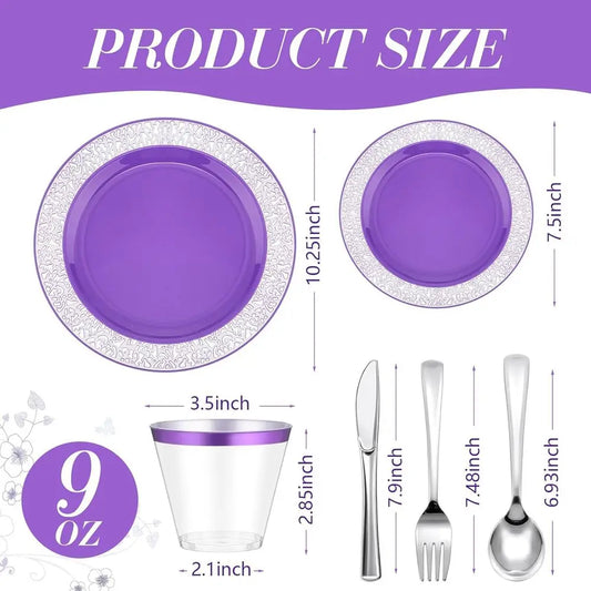 600 Pcs Plastic Dinnerware Set, 100 ea Dinner & Salad Plates, Silverware, and cups
