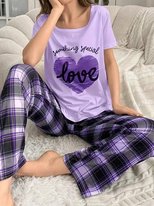 Purple Plaid Lounge Set with Heart Graphic Top for Women
