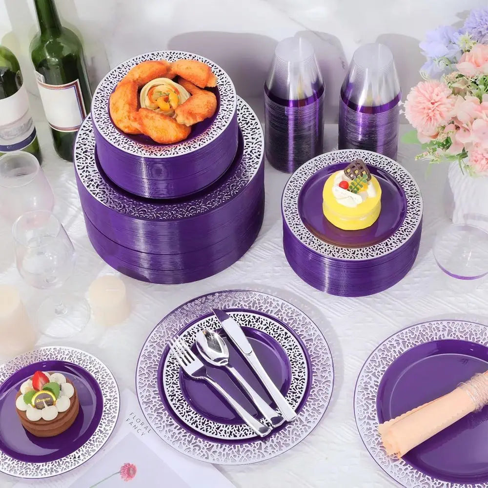 600 Pcs Plastic Dinnerware Set, 100 ea Dinner & Salad Plates, Silverware, and cups