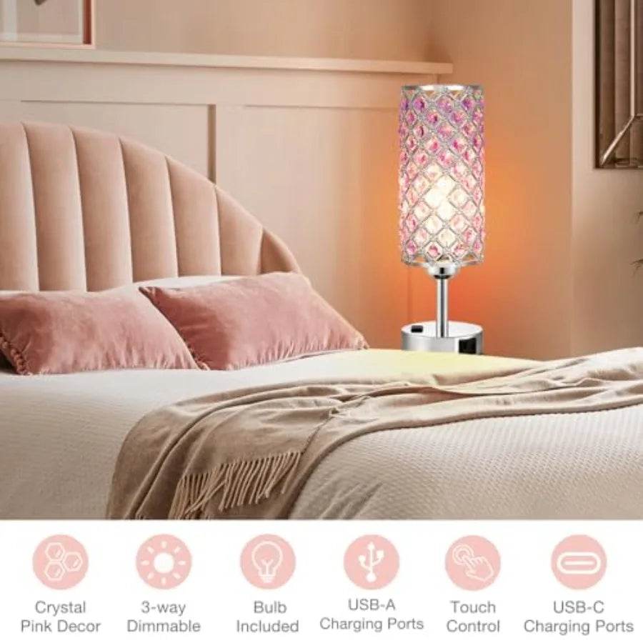Set of 2 Crystal Lamps, 3 Way Dimmable Touch Lamp with Crystal Shade,