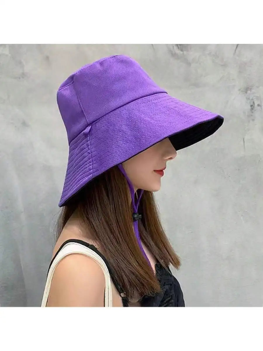 Purple Double Sided Bucket Hat With Chin Strap Sun Protection Wide Brim