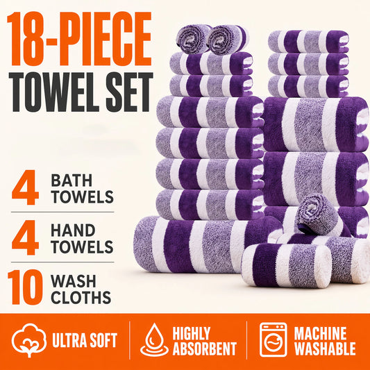 18pcs Set of Dark Wide Strip Coral Fleece Towel Bath Towel Set, Super Absorbent, 4 Bath Towels, 4 Towels, 10 Square Towels, Quick Dry, Ultra Soft