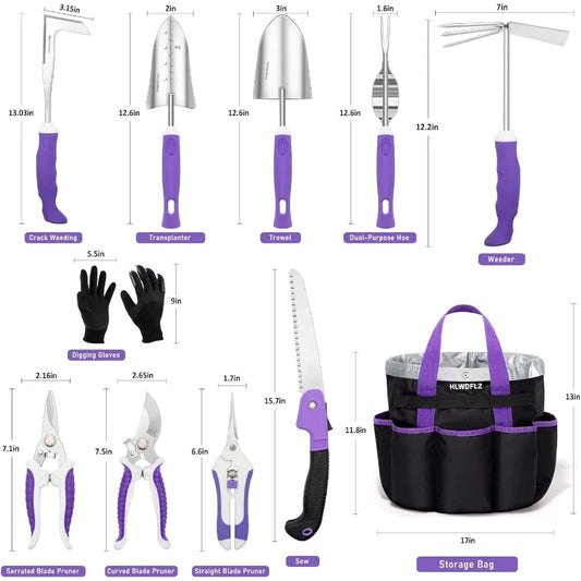 Purple Garden Tool Set, 11PCS Heavy Duty Gardening Tools with Detachable Storage Bag Includes Weeder and dual purpose hoe