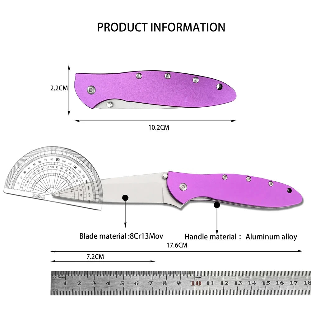Outdoor Folding Knife 2.83 Inch Steel Blade Purple Aluminum Handle Reversible Pocket Clip Camping Knife