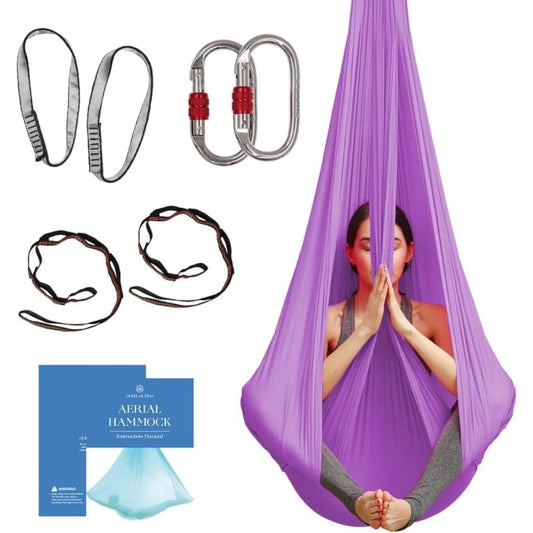Aerial Silk Yoga Hammock & Swing for Home, Inversion Exercises, Starter Kit for All Levels - Durable with Extension Straps - Purpleobsessions