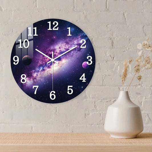 Wooden Wall Clock, Purple Galaxy with Planets