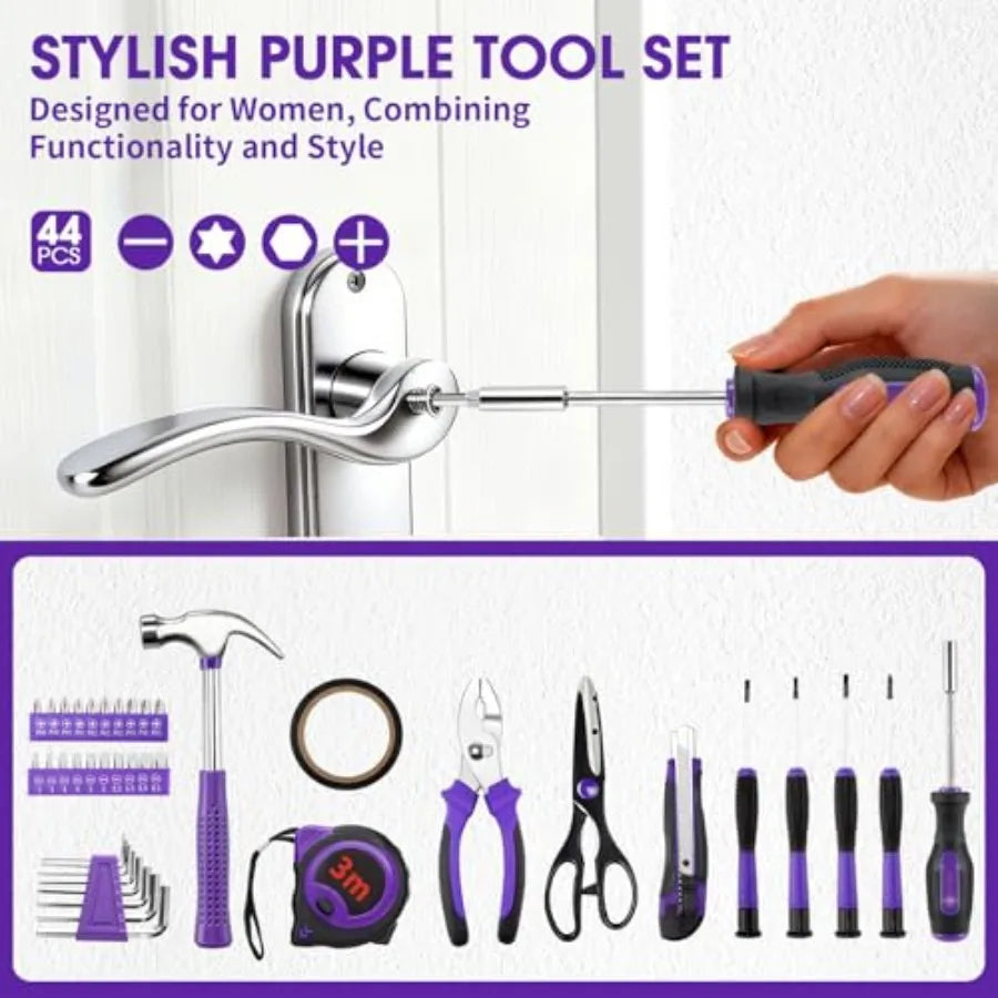 General Household Tool Set - Purple Hand Tool Kit with Waist Pouch and Gloves Tool Kit for home repair