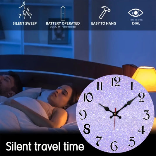 Enchanting Purple Glitter Silent Wall Clock - Wooden Battery Operated