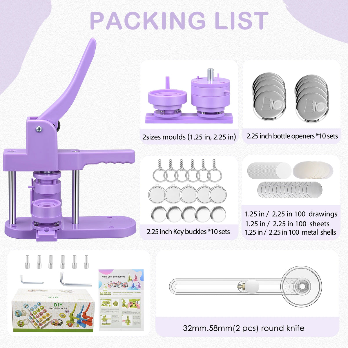Purple Button Badge Maker Machine 25/32/58mm Button Pin Press Machine With Parts Supplies