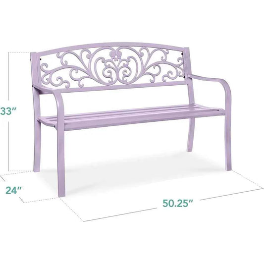 Lavender Steel Outdoor Bench with Floral Backrest