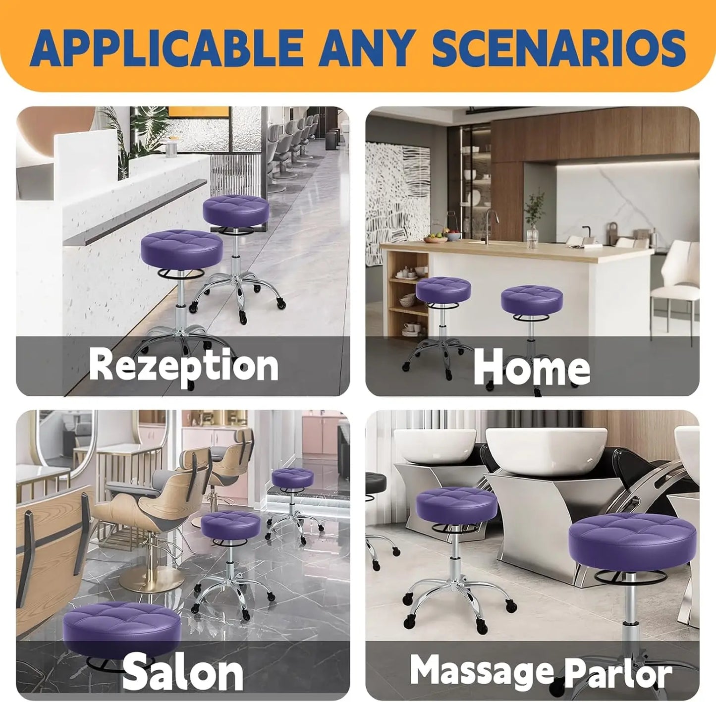Heavy Duty Rolling Stool: Soft Leather Seat, 360 Swivel, Adjustable Height, No Squeak or Tip Over, Salon Spa, 400lb capacity
