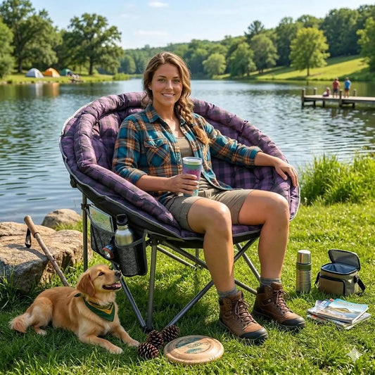 XXL Folding Moon Camp Chair, Heavy Duty 400lbs, Padded, Purple Plaid, Portable