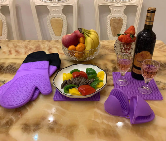Heat Resistant Silicone Oven Mitts Set with Pads, Extra Long Gloves for Kitchen Cooking Baking, Pack of 6 Purple