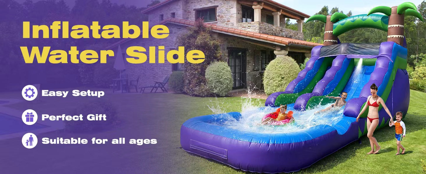 Inflatable Water Slide for Kids Vibrant Purple and Green Rainforest Design with Slip 'n Slide & Splash Pool