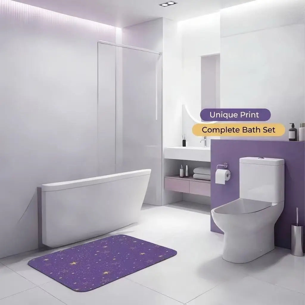 Purple Gold Star Glitter Galaxy Bath Mat, Dreamy Starry Sky Print Non Slip Absorbent Floor Rug,