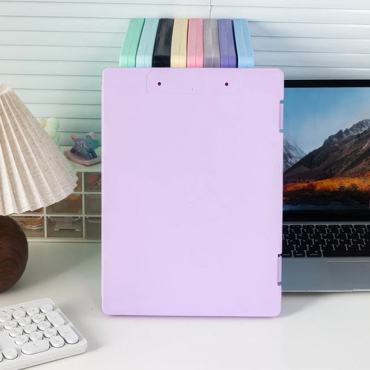 Two Light Purple Folder Storage Boxes, Clipboard