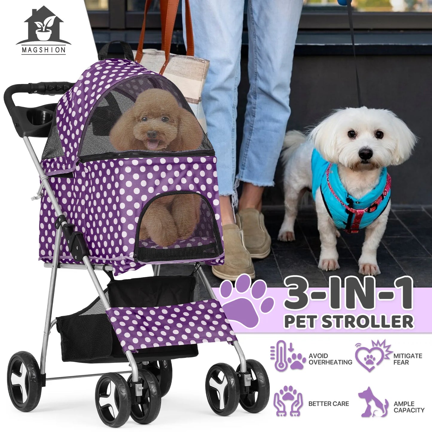 Pet Stroller 4 Wheels, 3-in-1 Foldable Dog Stroller w/Storage Basket & Cup Holder