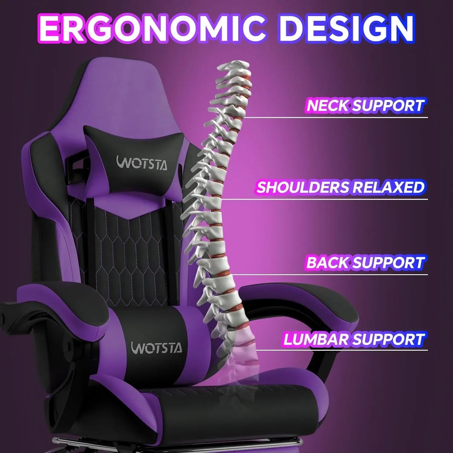 Purple High Back Ergonomic Gaming Chair With Footrest Adjustable Headrest Lumbar Support PVC Leather Racing Style For Home Offic