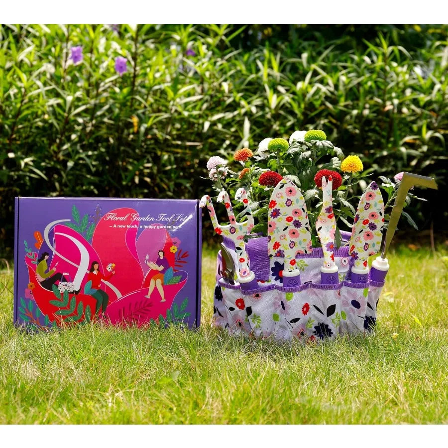 Floral Purple Garden Tool Set for Women: Heavy Duty Gardening Tools Kit with Pruning Shears and Storage Tote Bucket Bag Organizer