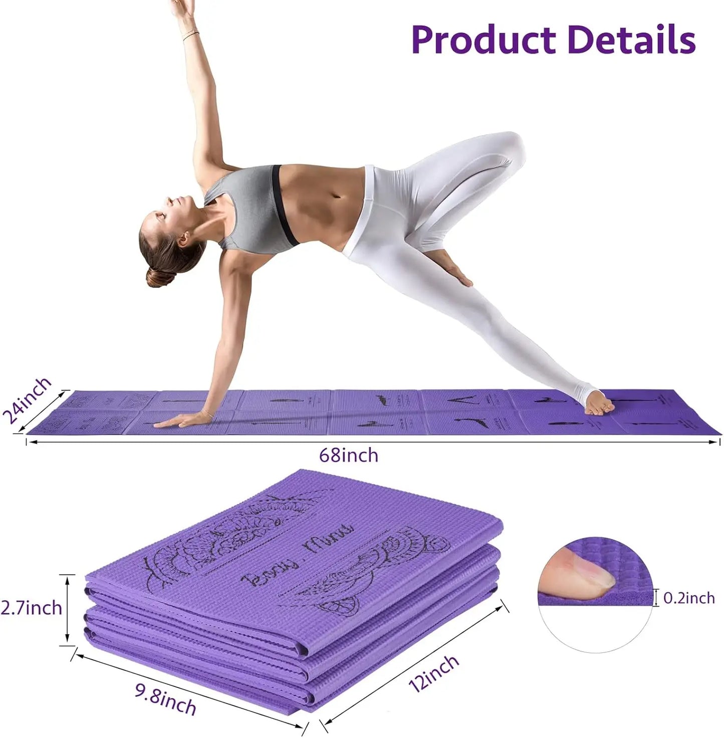 Foldable Non-Slip Yoga Mat, 5mm Thick with Strap for Home Gym and Travel, 68x24 Inches