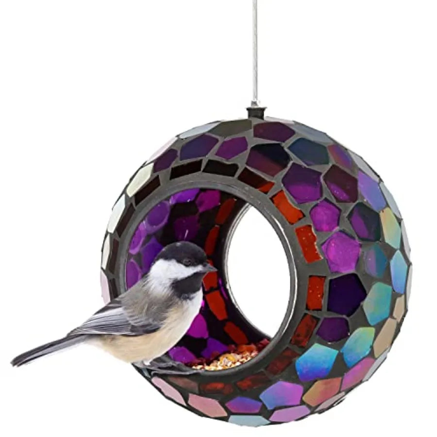 Sunnydaze 6-Inch Glass Mosaic Hanging Bird Feeder for Outdoors - Iridescent Purple Mosaic