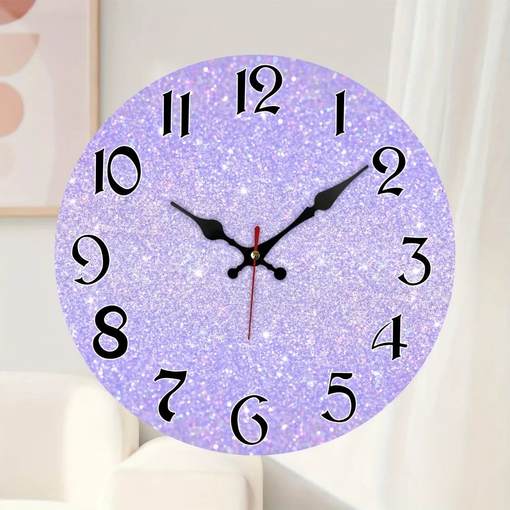 Enchanting Purple Glitter Silent Wall Clock - Wooden Battery Operated