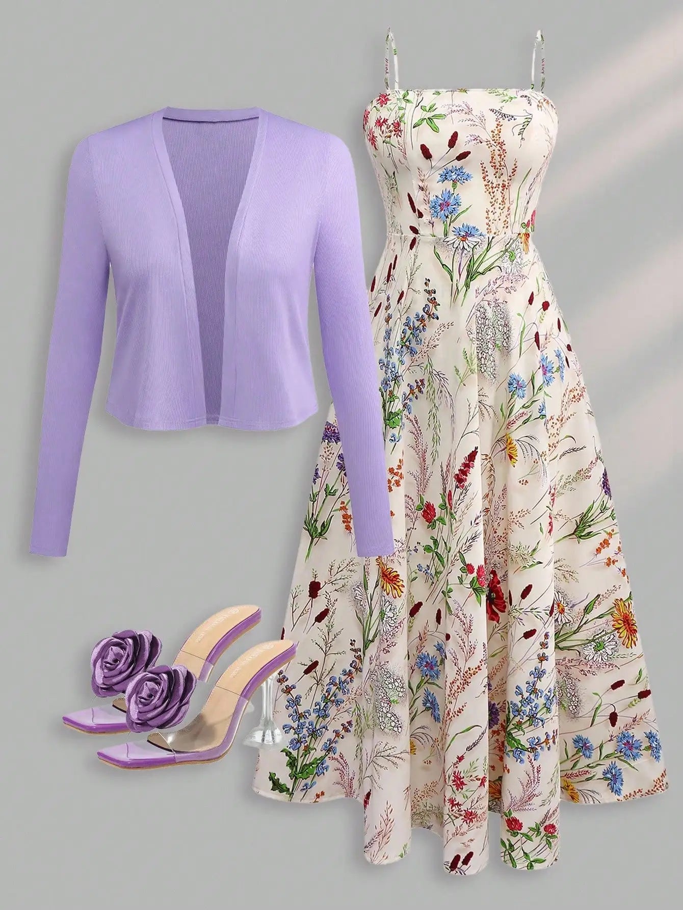Women Floral Print Camisole Dress And Long Sleeve Cropped Jacket Set