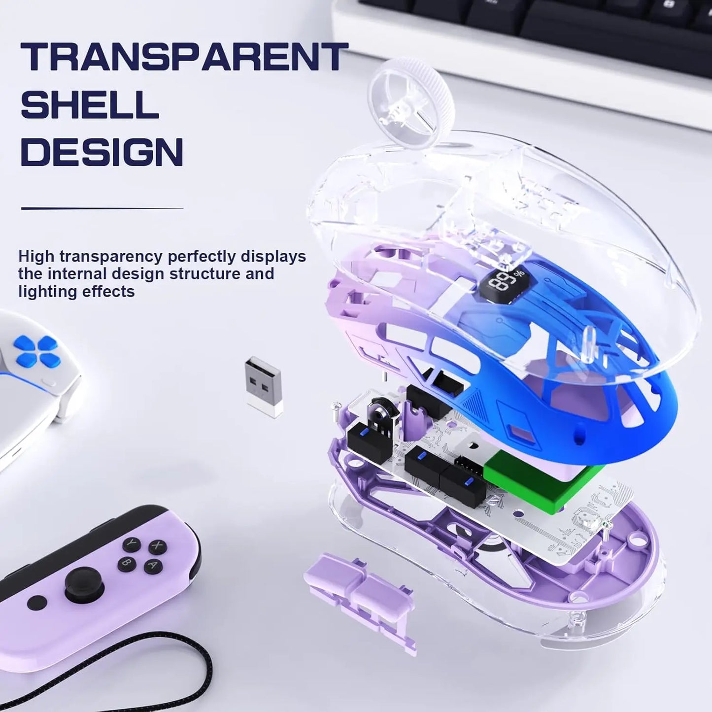 A2 Transparent Wireless Gaming Mouse, BT 5.0/2.4G PC Rechargeable