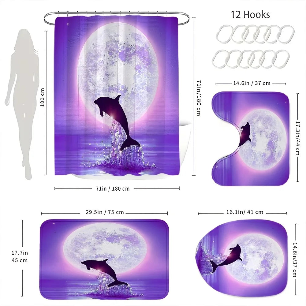 4pcs Shower Curtain with 12 Hooks, Non-slip Mat, Toilet U-shaped Pad, Toilet Lid Pad 71x71 Inches