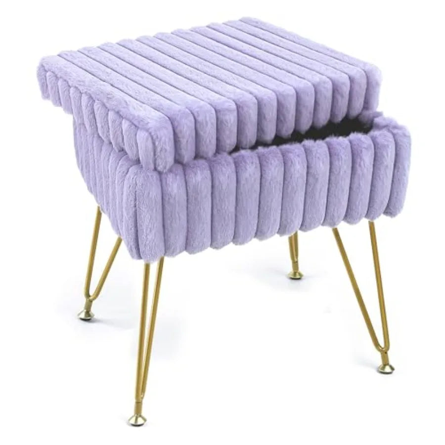 Vanity Stool Chair with Storage Faux Fur Soft Padded Ottoman