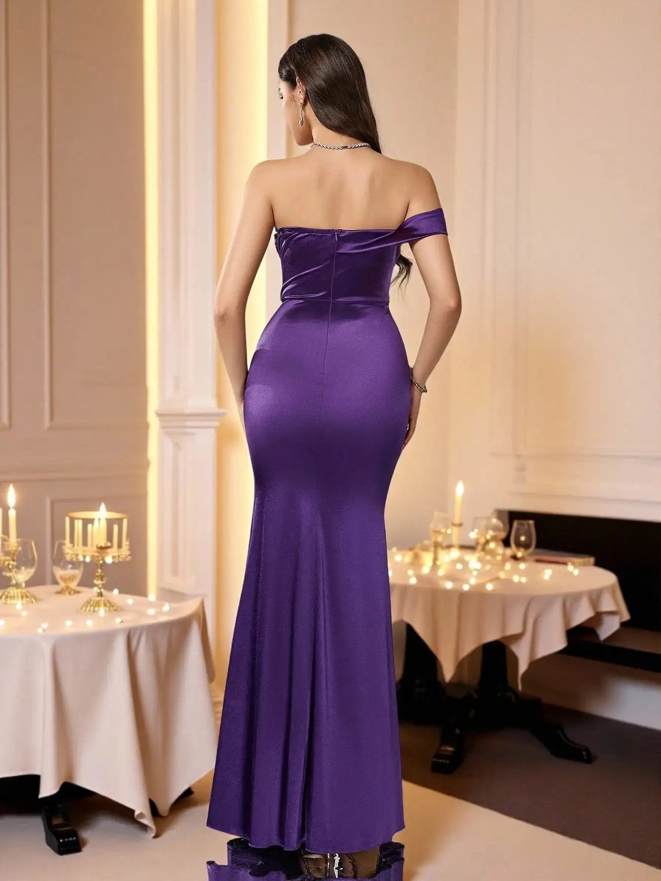 Elegant Purple Sequin Off-Shoulder High Slit Evening Gown with Ruched Detail