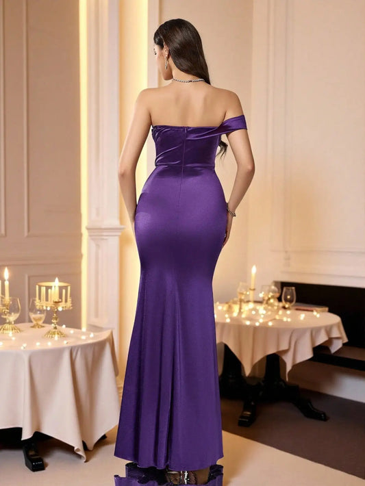 Elegant Purple Sequin Off-Shoulder High Slit Evening Gown with Ruched Detail