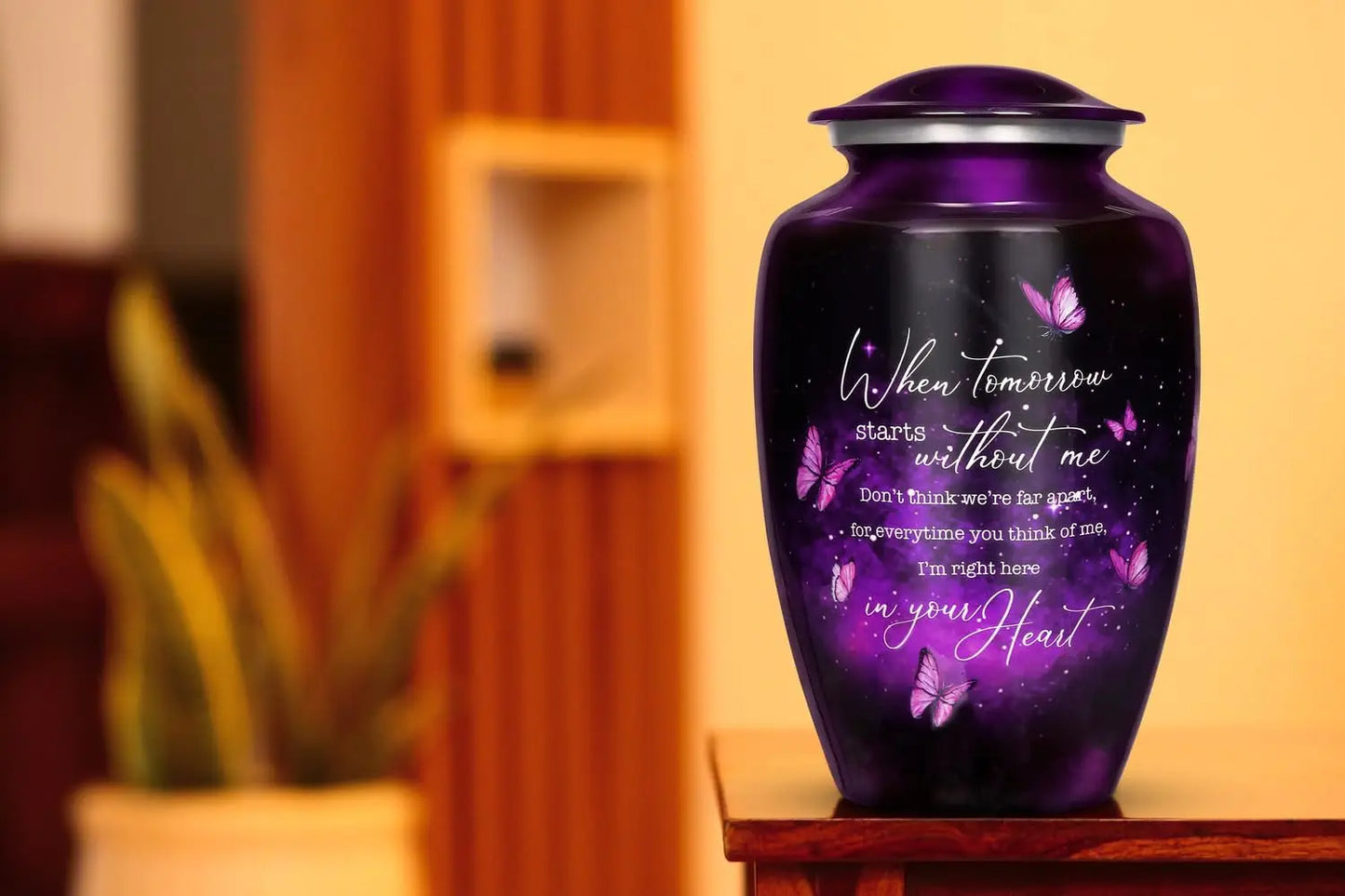 Large Purple Butterfly Urn for Ashes, Handcrafted Metal Keepsake with Secure Lid, Holds Up to 200lbs