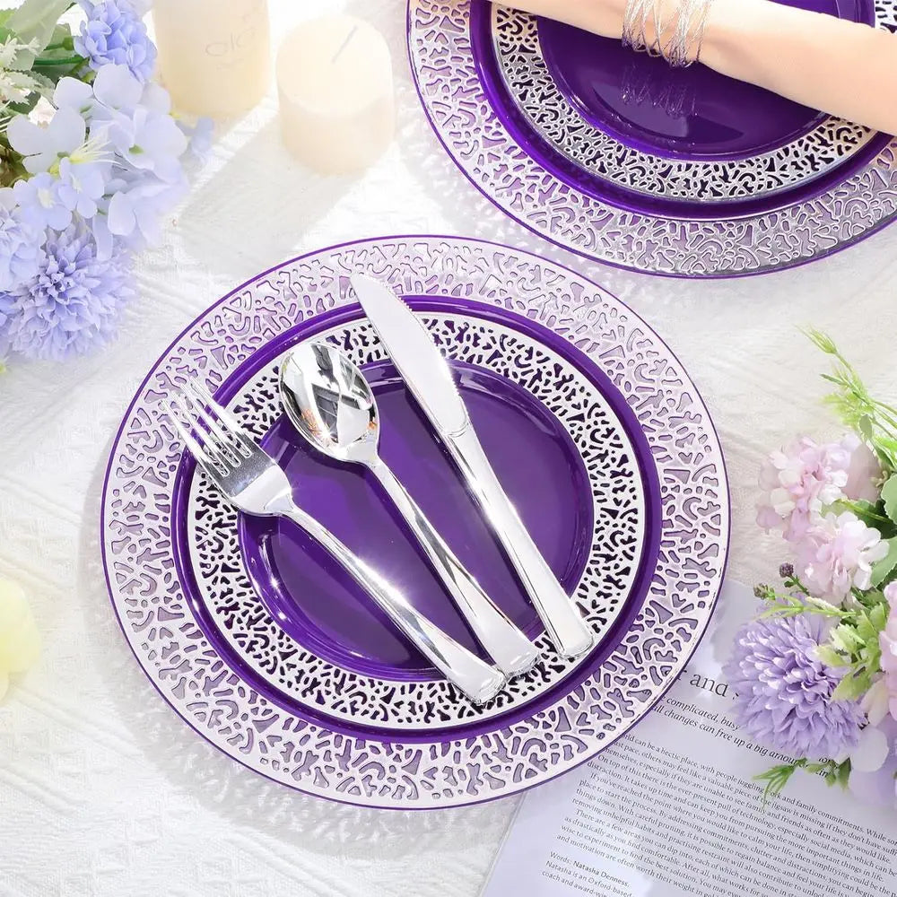 600 Pcs Plastic Dinnerware Set, 100 ea Dinner & Salad Plates, Silverware, and cups