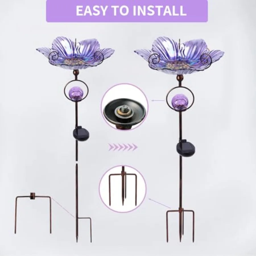 Glass Bird Bath with Solar Crackle Glass Globe Lights Decorations and Metal Stake