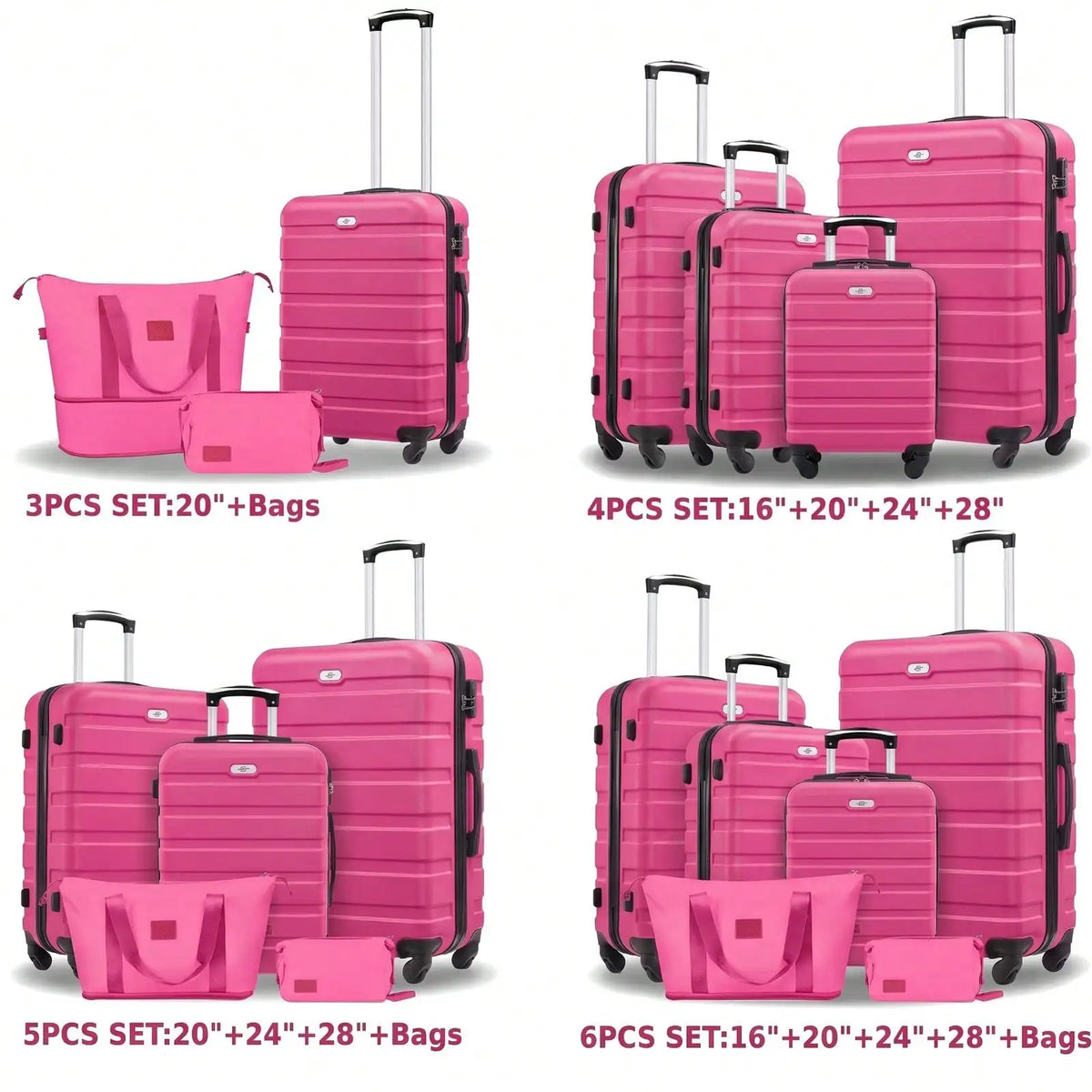 6-Piece Luggage Set, 16/20/24/28 Inch Suitcases,ABS Hardside Spinner Carry On Suitcase + 2 Travel Bags For Family Vacations,Back To School