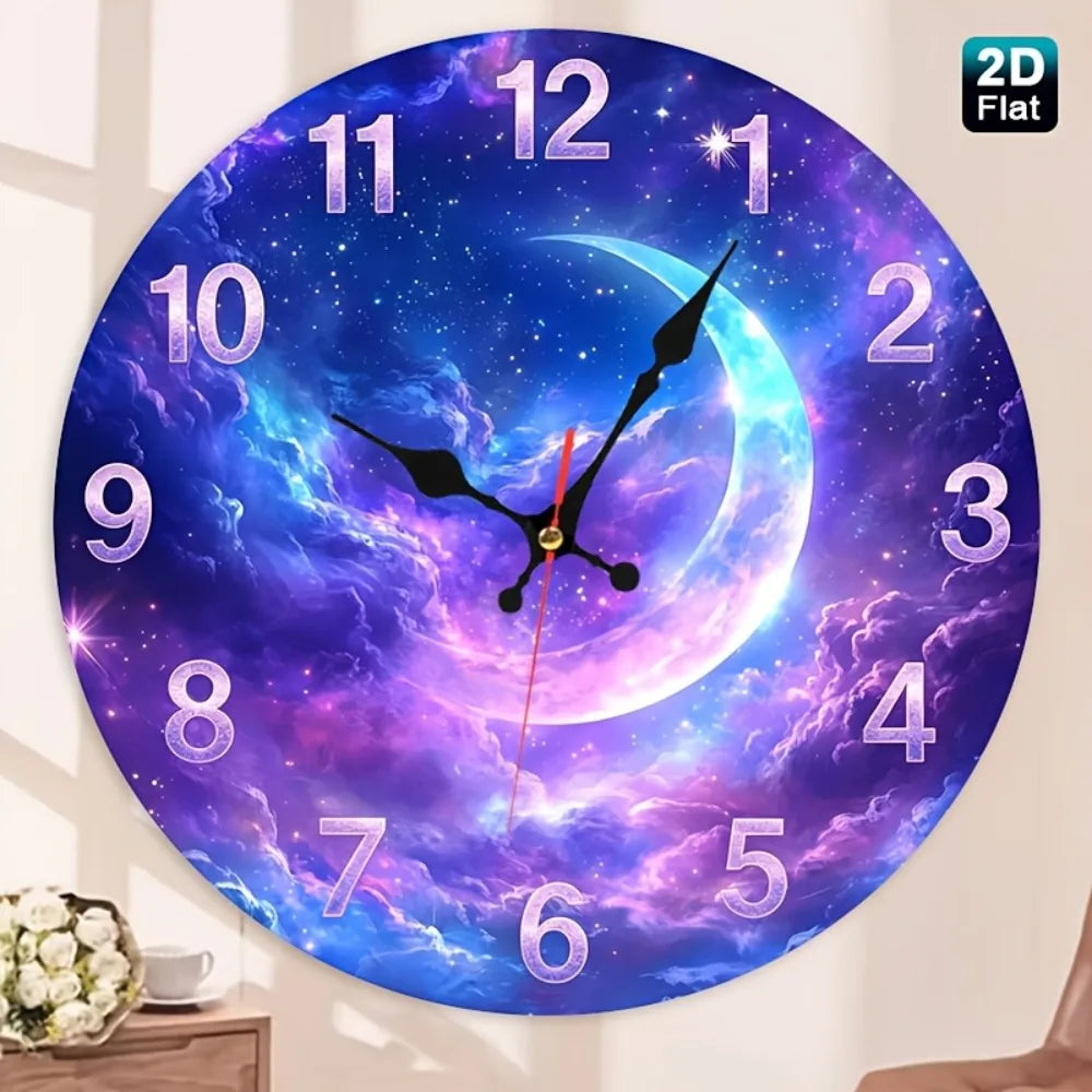 1pc Purple Pink Gradient Nebula & Crescent Moon Wall Clock