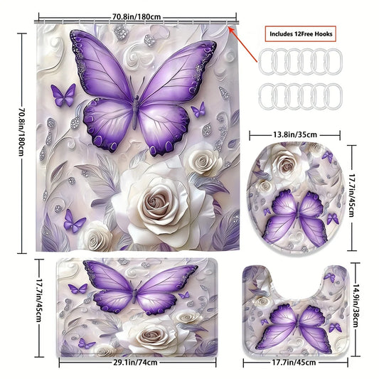 4pcs Purple Butterfly Bathroom Set with Shower Curtain, Non-Slip Rug & Toilet Cover - Machine Washable