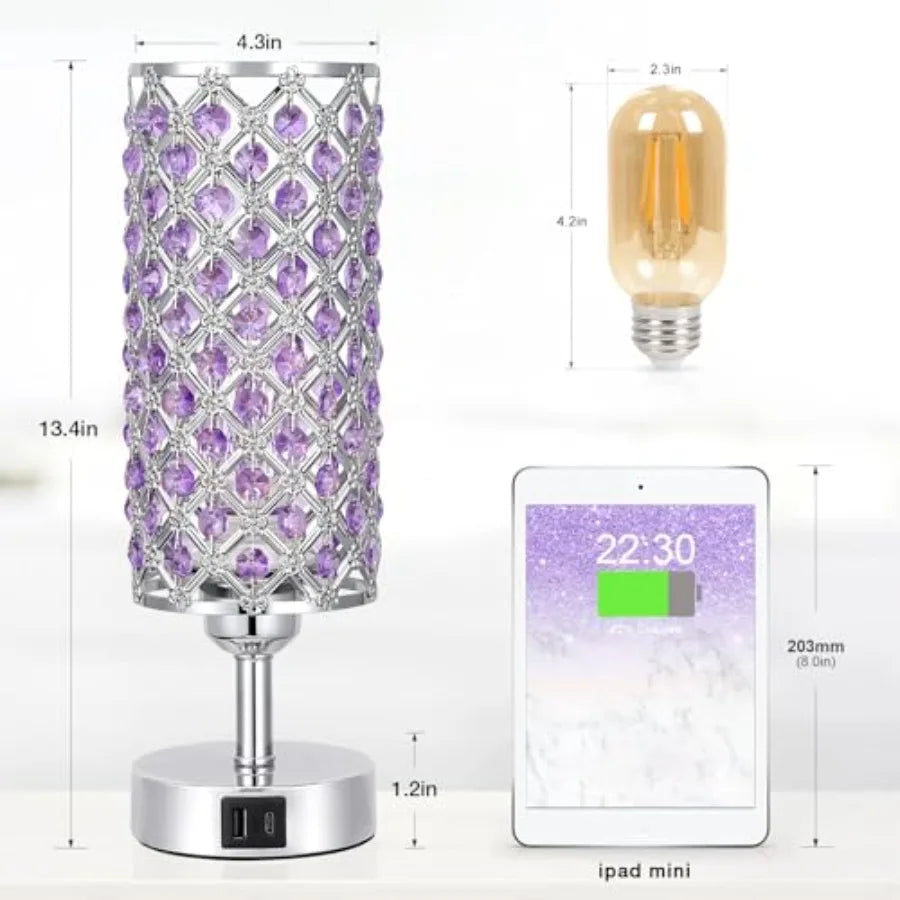 Crystal Touch Lamp with USB-C+A Ports, 3 Way Dimmable Bedside Light with Crystal Shade