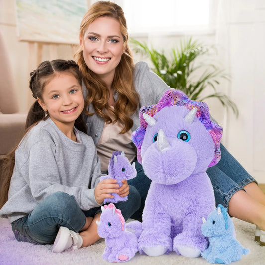MaoGoLan Triceratops Stuffed Animal, 21" Purple Mommy Dinosaur Stuffed Animal with 3 Babies, Giant Dinosaur Plush Pillow Toy Set