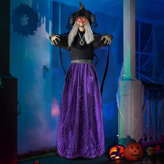 47'' Animated Witch Halloween Decoration, Hanging Ghost Talking Sound Activated Led Lights Eyes