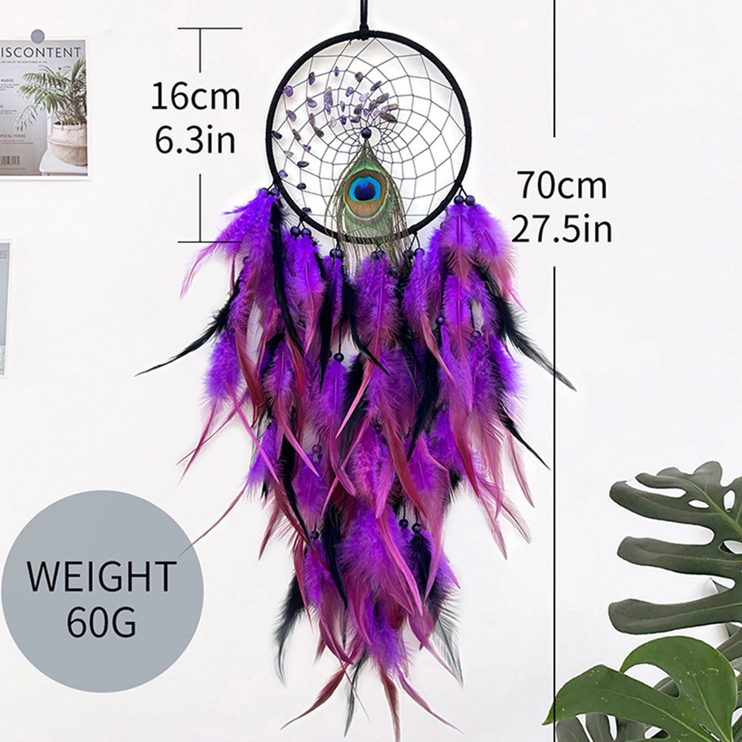 Handcrafted Dreamcatcher with Amethyst Stones and Owl Feathers for Boho Bedroom Wall Decor and Positive Energy