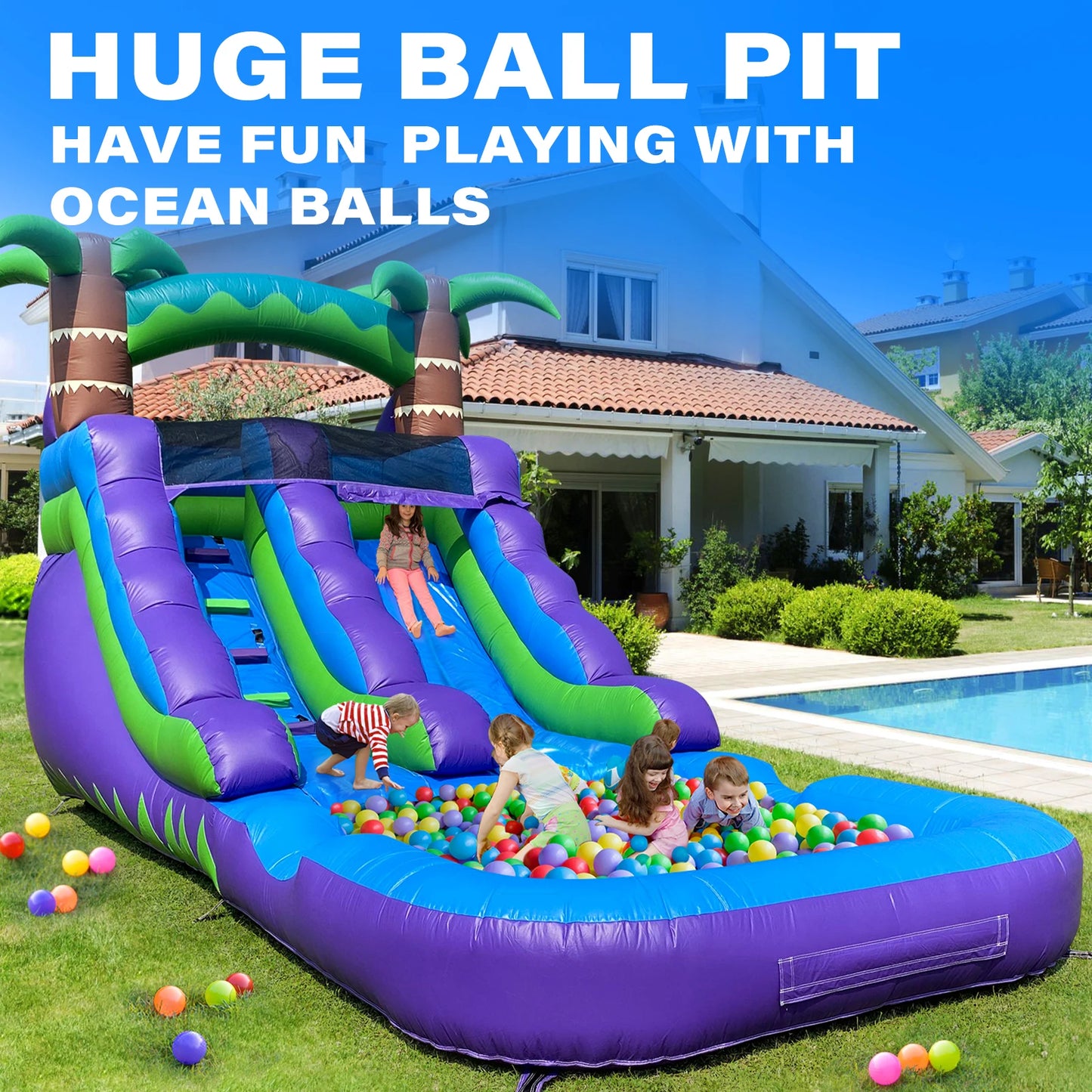 Inflatable Water Slide for Kids Vibrant Purple and Green Rainforest Design with Slip 'n Slide & Splash Pool