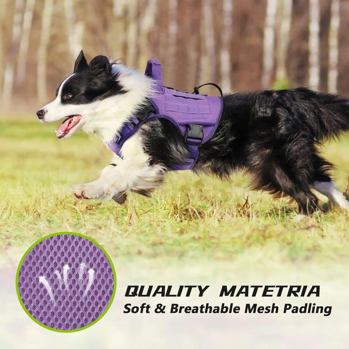 Purple Tactical Dog Harness for Large Dogs, Heavy Duty No Pull with Handle, Adjustable Reflective Vest