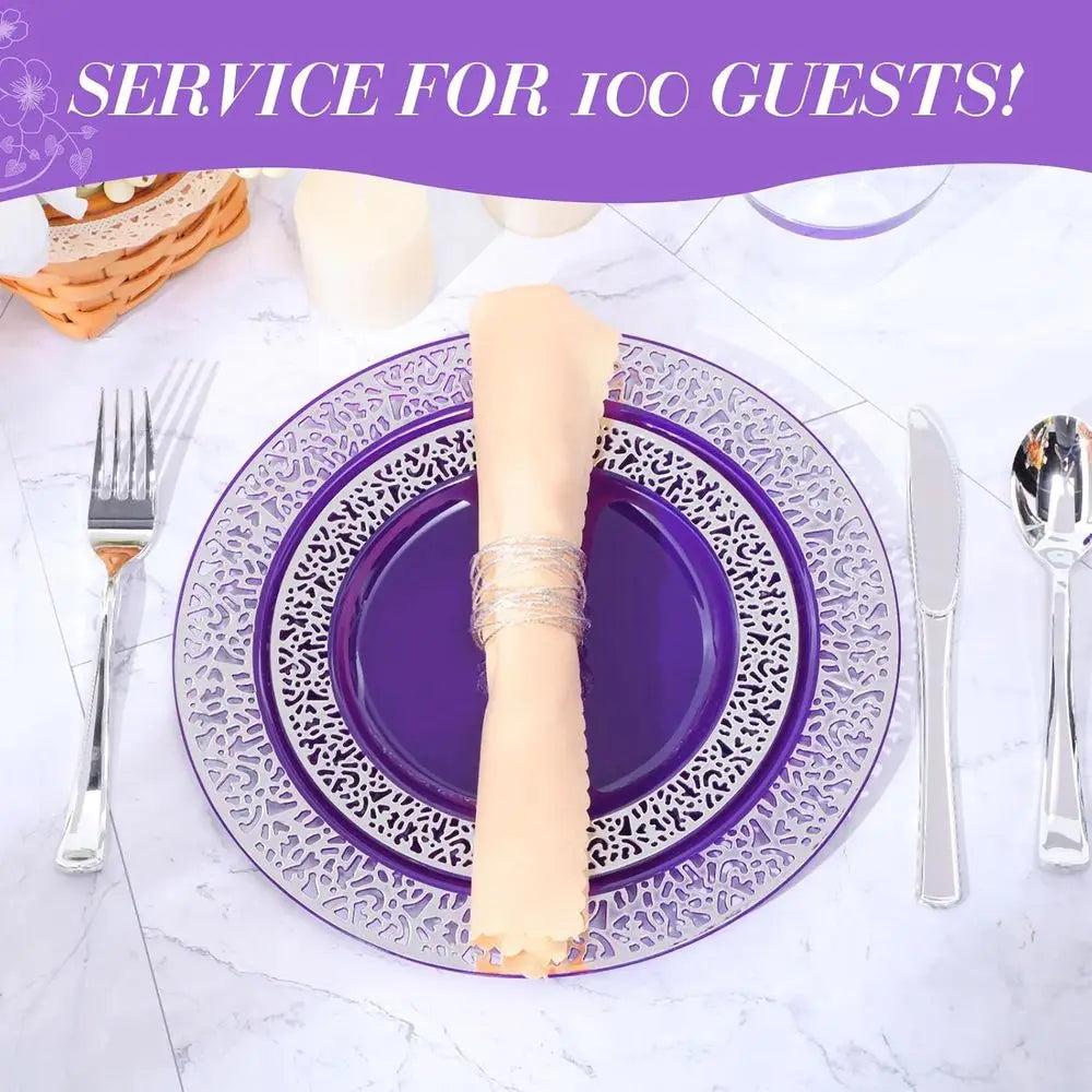 600 Pcs Plastic Dinnerware Set, 100 ea Dinner & Salad Plates, Silverware, and cups