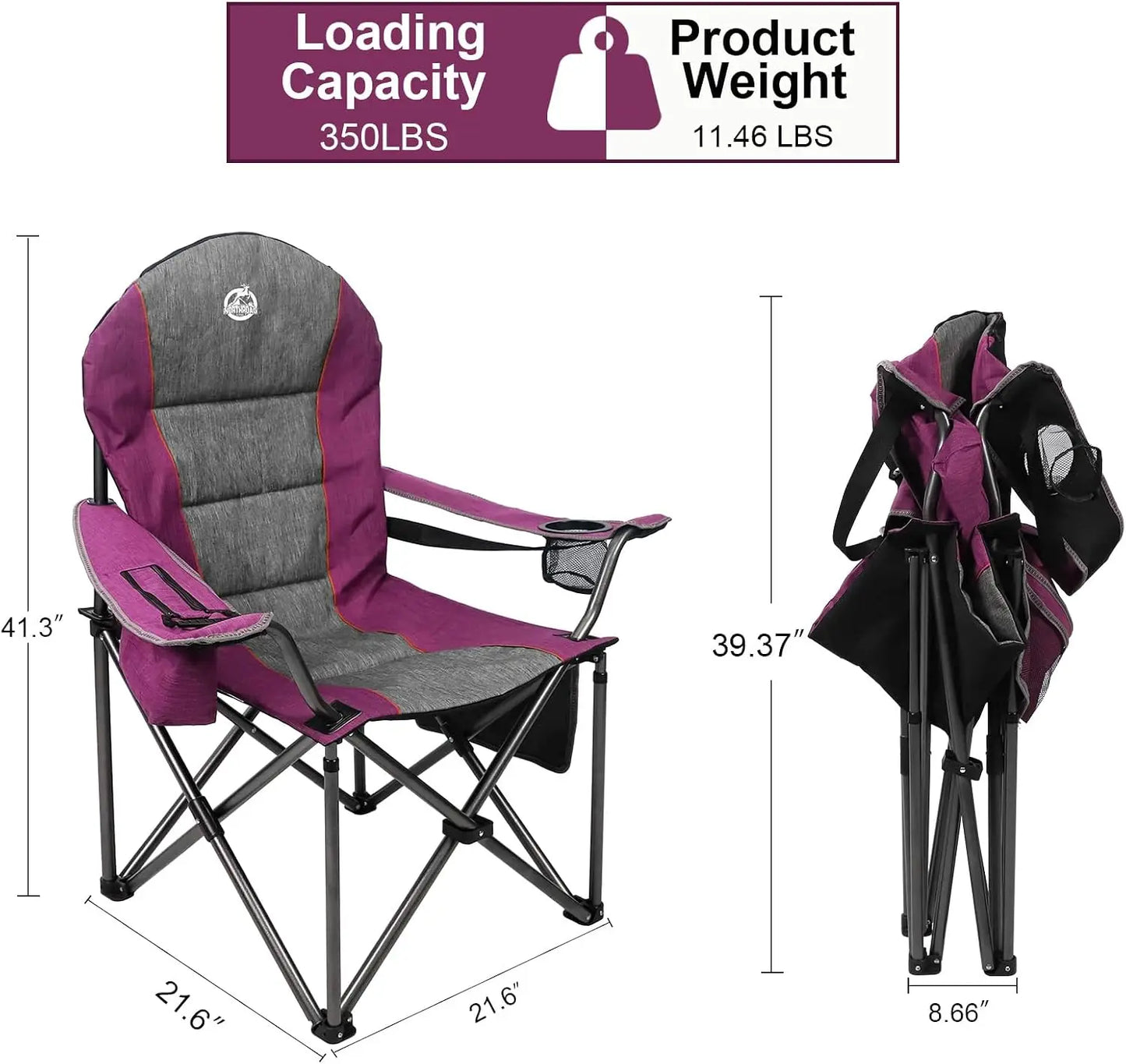 Oversized Portable Camping Chair, Heavy Duty Folding Chair Support 350 LBS with Cup Holder, Cooler Bag, Lumbar Support, Head Pocket for Adult