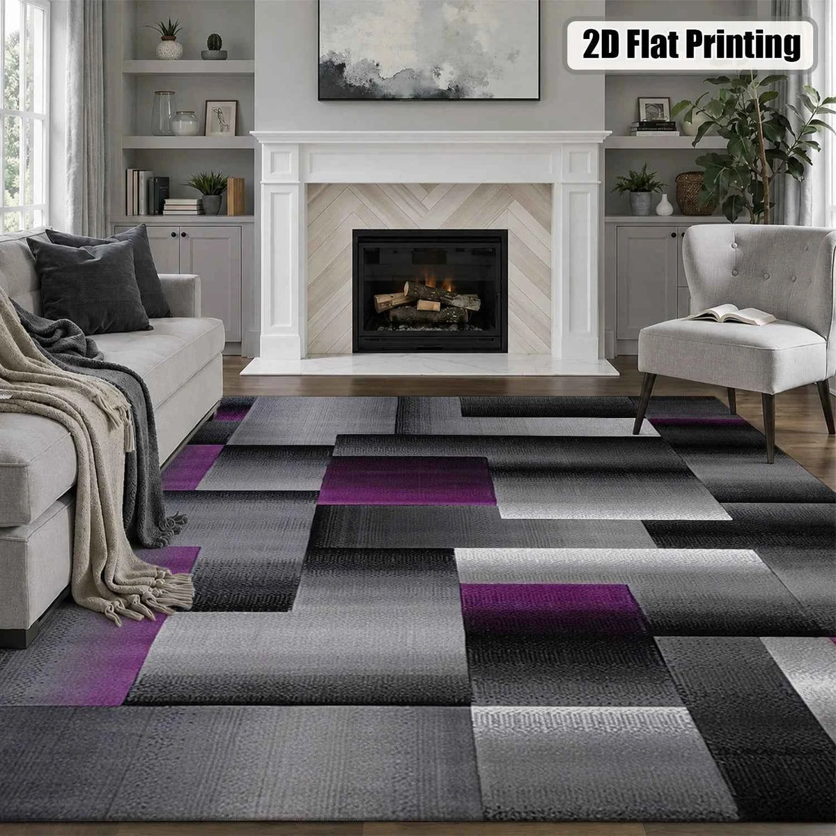 Large Indoor Area Rug, Soft Velvet Low Pile Non-Slip Dotted Backing Machine Washable, Modern Abstract Geometric Gray Purple Block Rug