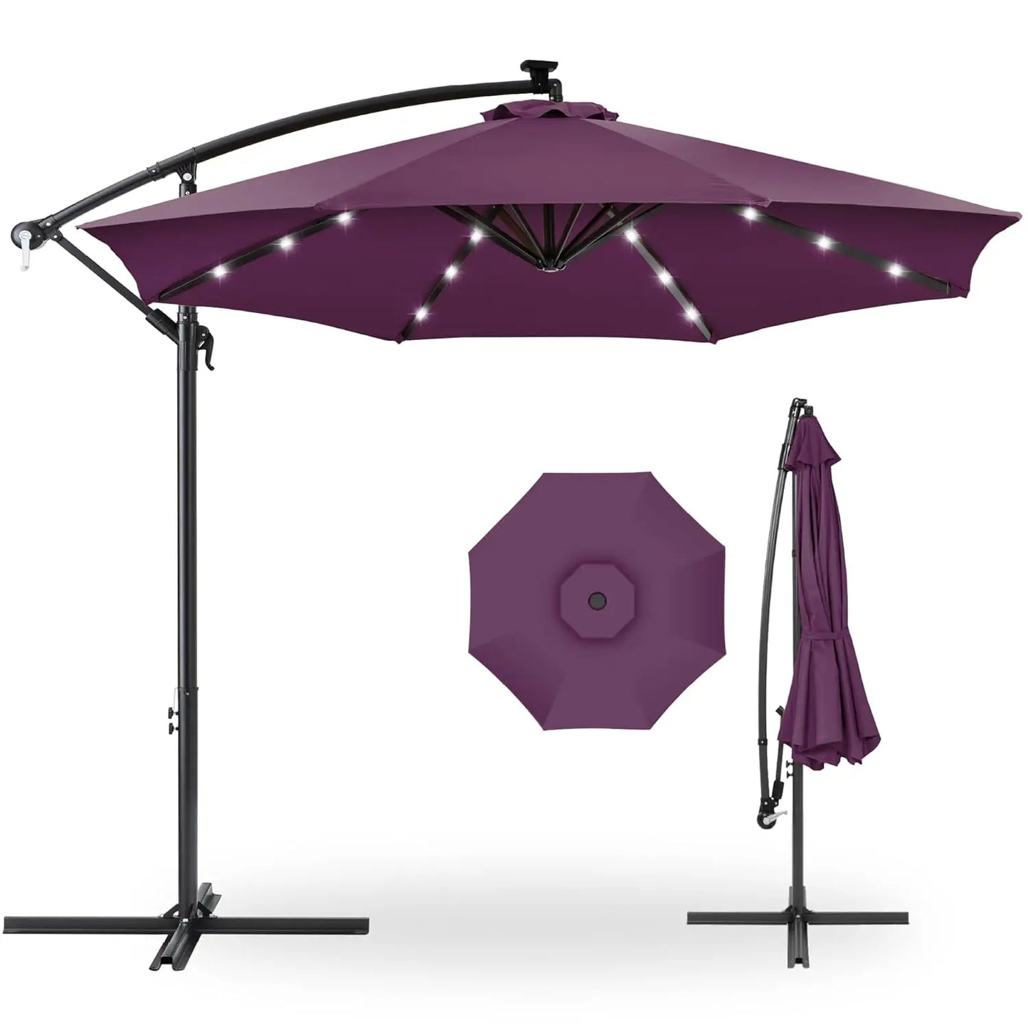 10ft Solar LED Offset Cantilever Hanging Market Patio Umbrella, 8 Sturdy Ribs, Easy Adjustment